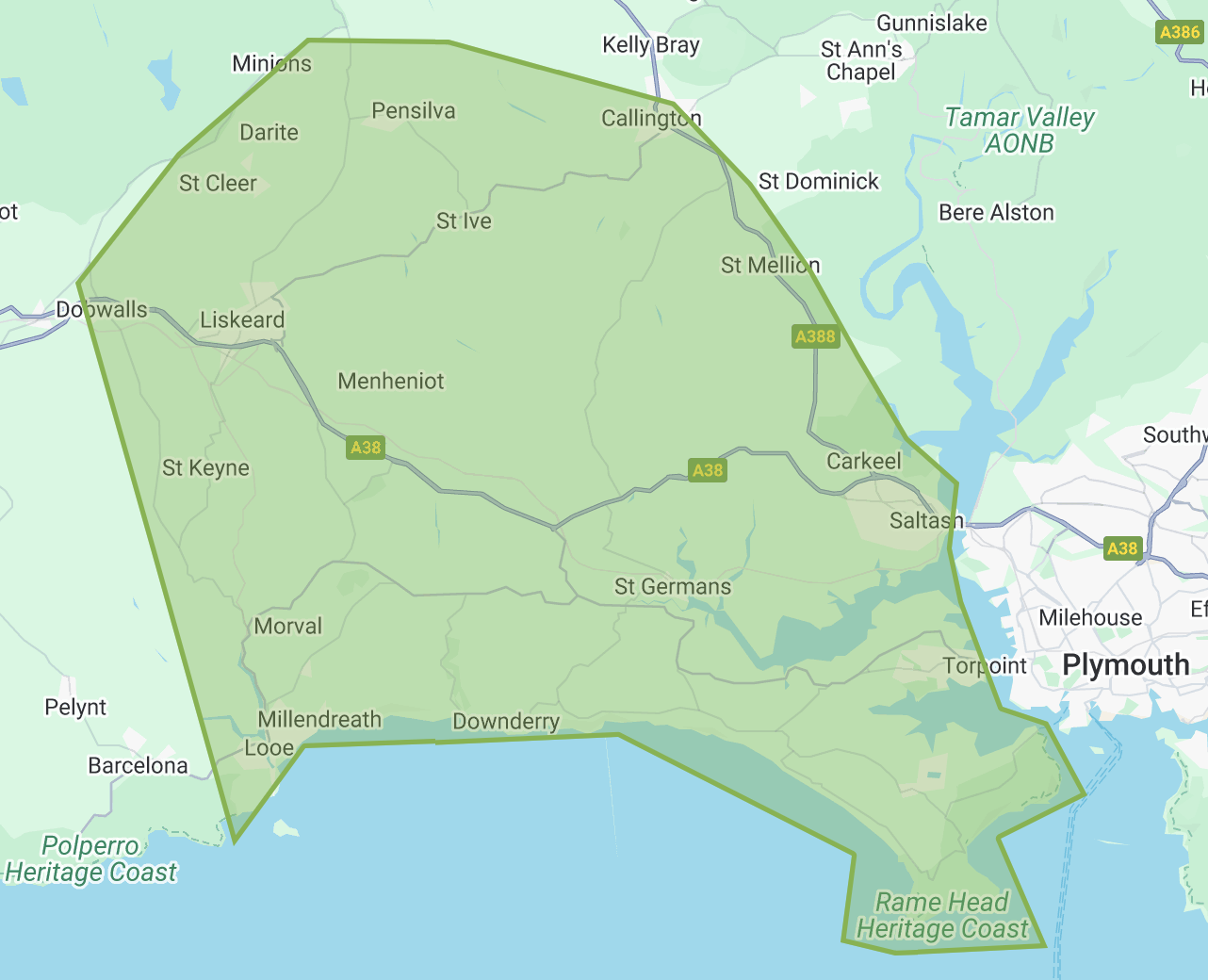 Service area map for GreenWave Garden Services covering South East Cornwall, including Torpoint, Liskeard, Looe, Saltash, and the Rame Peninsula.